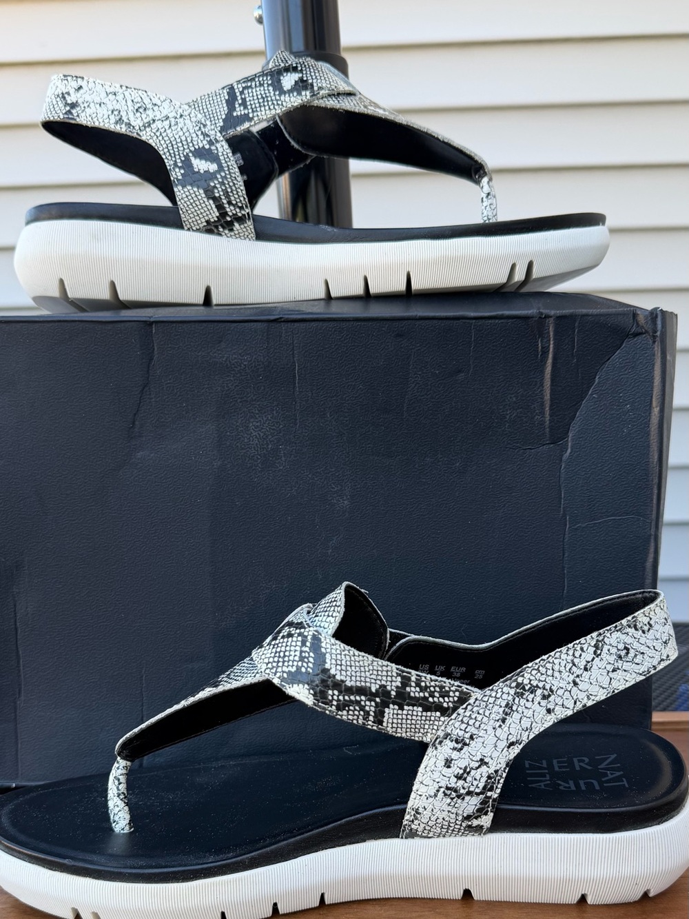 Naturalizer Black and White Snake-Print Slingback Thong Sandals